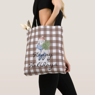 Custom adorable design brown tartan l Polar bear Tote Bag
