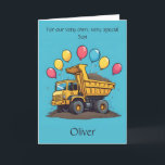 Custom Adorable Dump Truck Son Birthday Poem Card<br><div class="desc">Make your son’s big day extra special with this personalised birthday poem card—featuring a happy dump truck, festive balloons, and his name right on the front! Use the Design Tool to customise the name, age, and poem on the inside panel. This cheerful, colourful card is a perfect fit for your...</div>