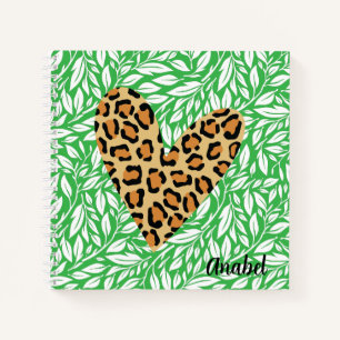 Custom adorable teen Green leaves Leopard heart Notebook