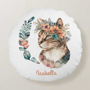 Custom Adorable Watercolor Floral Boho Cat Round Cushion