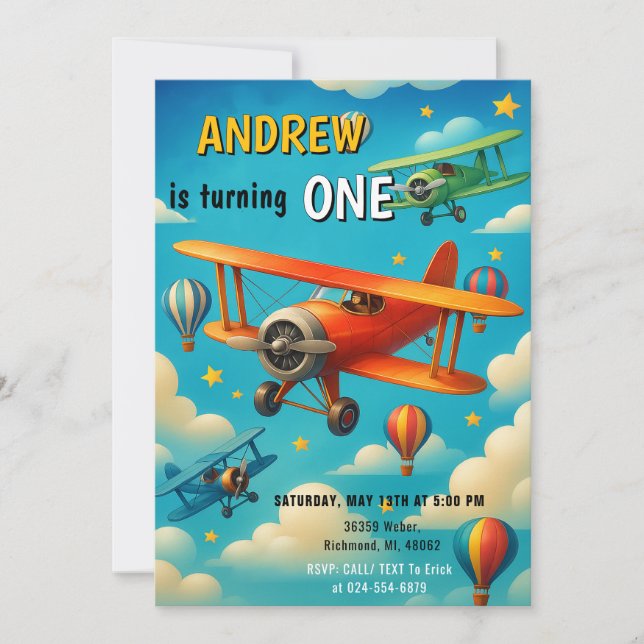 Custom Aeroplane First Birthday kid party Invitation (Front)