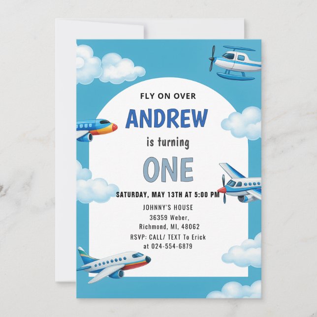 Custom Aeroplane First Birthday party for boy Invitation (Front)
