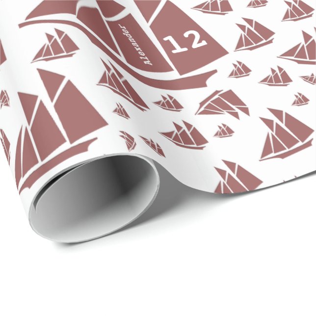 Custom Age and Name Red and White Schooner Wrapping Paper (Roll Corner)