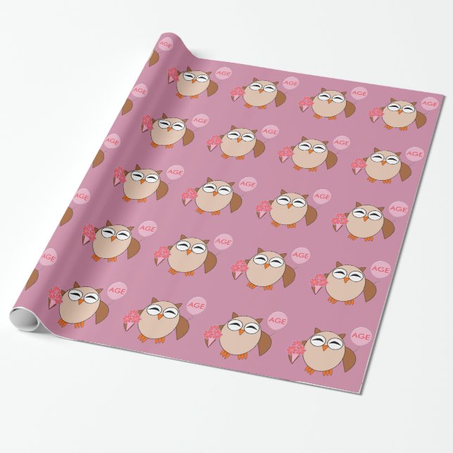 Custom Age Birthday Owl Wrapping Paper (Unrolled)
