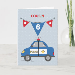 Custom Age Cousin 6th Birthday Blue Police Car Card