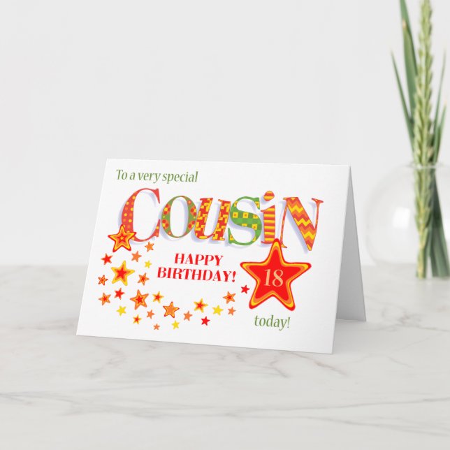 Custom Age Cousin's Birthday with Red Stars Card (Front)