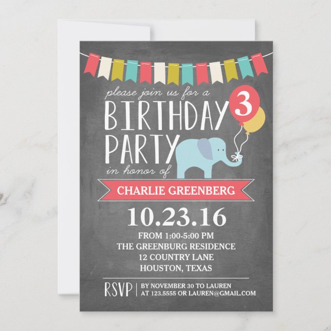 Custom Age Elephant Birthday Party | Birthday Invitation (Front)