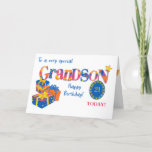 Custom Age Grandson's Birthday Gifts Word Art Card<br><div class="desc">A brightly coloured 'word art' birthday card for a grandson that you can customize with his age. Suitable for a grandson of any age, the front cover greeting is, 'To a very special Grandson' and 'Happy Birthday!' with the word, 'Grandson' in huge letters, filled with star, polka dot, chevron and...</div>