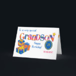 Custom Age Grandson's Birthday Gifts Word Art Card<br><div class="desc">A brightly coloured 'word art' birthday card for a grandson that you can customize with his age. Suitable for a grandson of any age, the front cover greeting is, 'To a very special Grandson' and 'Happy Birthday!' with the word, 'Grandson' in huge letters, filled with star, polka dot, chevron and...</div>