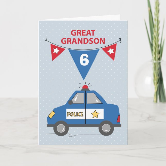 Custom Age Great Grandson 6th Birthday Blue Police Card (Front)