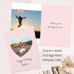 Custom Age Happy Birthday Photo Heart Teen Pink Card<br><div class="desc">Celebrate a teenage birthday with a custom photo card! Personalise the template with the teen's photo in a heart-shaped frame, and their name in a trendy script. Inside showcases a second photo and personal message. Customise further with the birthday date on the back. A cute sweet 16th birthday card for...</div>