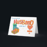 Custom Age Husband's Birthday Gifts and Stars Card<br><div class="desc">A brightly coloured, 'word art' birthday card to customize with your husband's age. The front cover greeting is, 'To my wonderful HUSBAND ⁬with love!' and the word 'husband' is in large lettering, filled with striped, polka dot, dog tooth check and polka dot patterns in yellow, orange and red. Below the...</div>