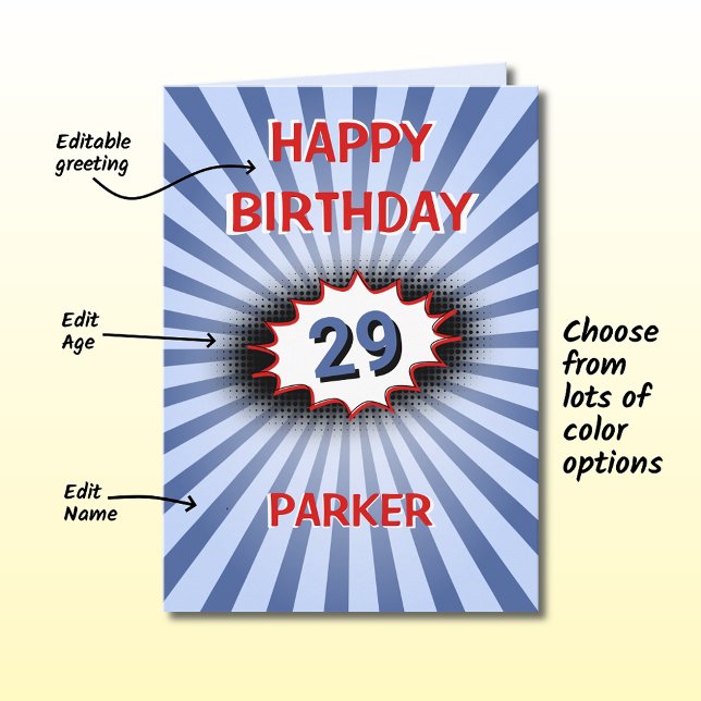 Custom age name blue retro birthday card (Creator Uploaded)