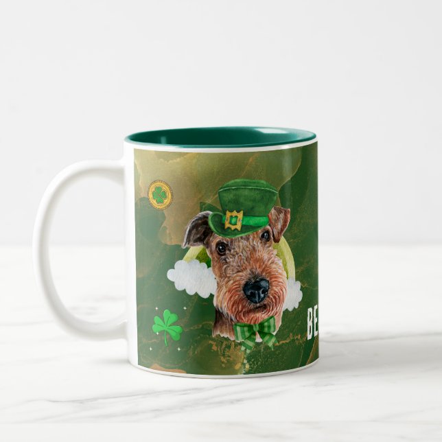 Custom Airedale Terrier Gold St. Patricks Day Two-Tone Coffee Mug (Left)
