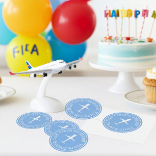 Custom Airplane on Blue Congrats Soaring High Classic Round Sticker