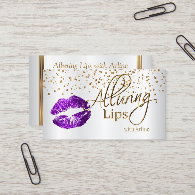 Custom -Alluring Lips  Gold Confetti & Purple Lips Business Card (Front/Back In Situ)