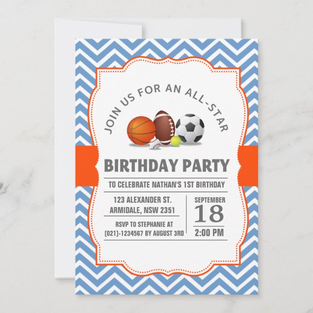 Custom an all-star sport birthday party invitation (Front)