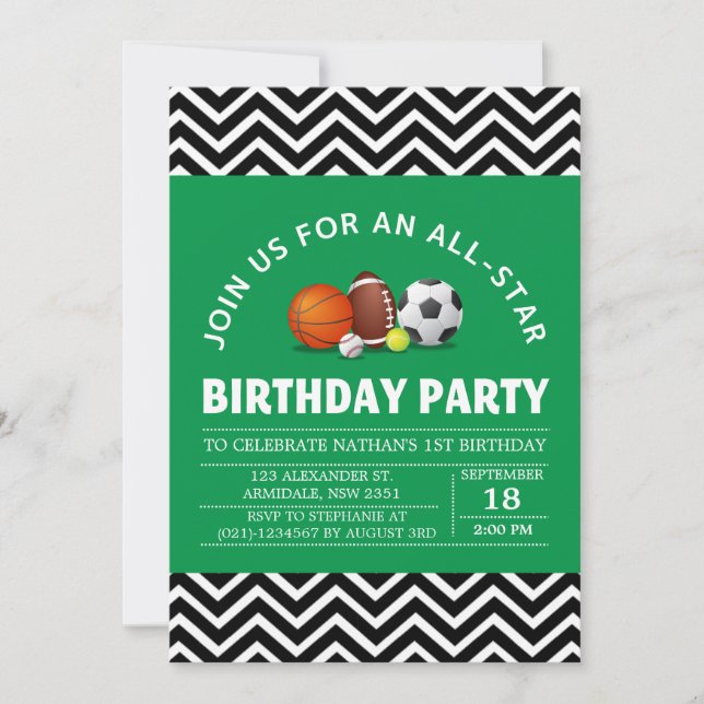 Custom an all-star sport birthday party invitation (Front)