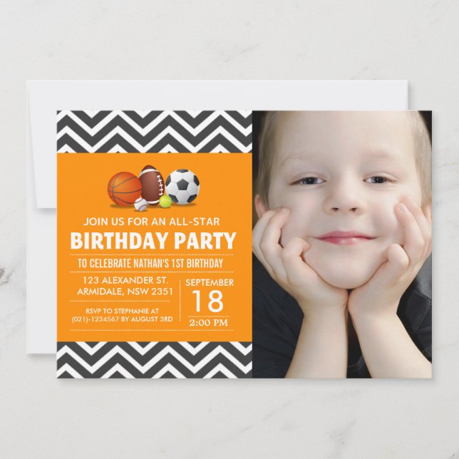 Custom an all-star sport birthday party photo invitation (Front)