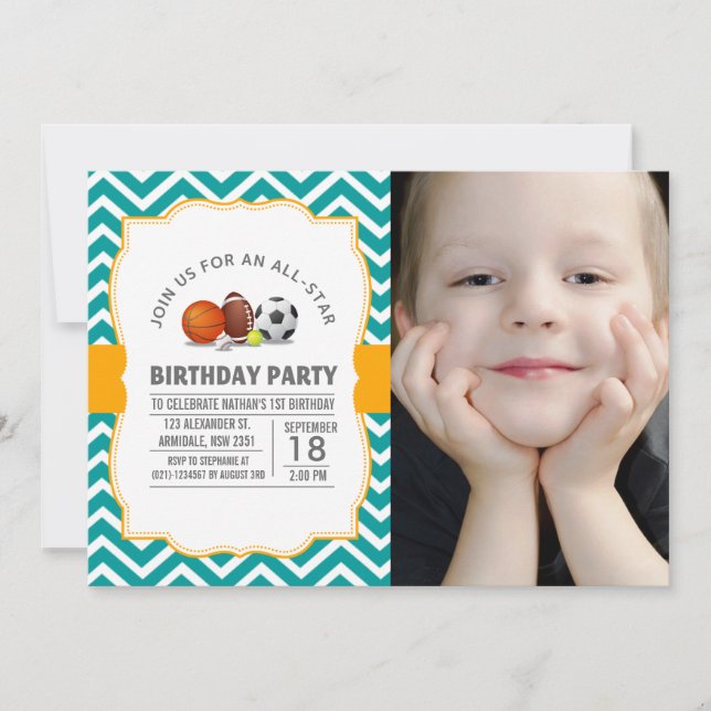 Custom an all-star sport birthday party photo invitation (Front)