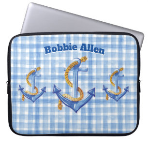 Custom Anchor And Rope Blue Gingham Laptop Sleeve
