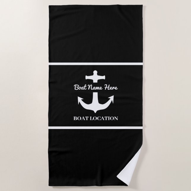 Custom Anchor Black Boat Name Location   Beach Towel (Front)
