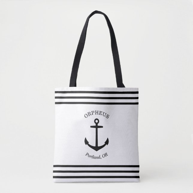 Custom Anchor Emblem Nautical (white & black) Tote Bag (Front)