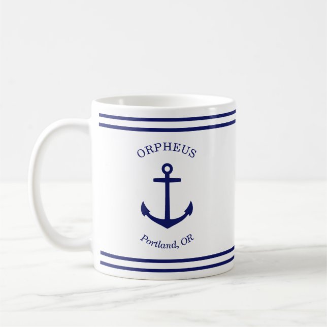 Custom Anchor Emblem Nautical (white & blue) Coffee Mug (Left)