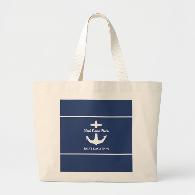 Custom Anchor Navy Blue Boat Name Location  Large Tote Bag (Front)
