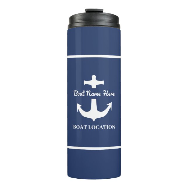 Custom Anchor Navy Blue Boat Name Location   Thermal Tumbler (Front)