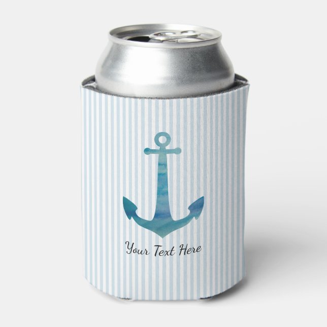 Custom Anchor Painting Coastal Blue Stripe Can Cooler (Can Front)