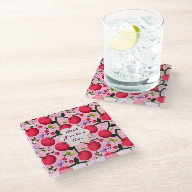 Custom and personalised cherry butterfly gift  glass coaster (Angled)
