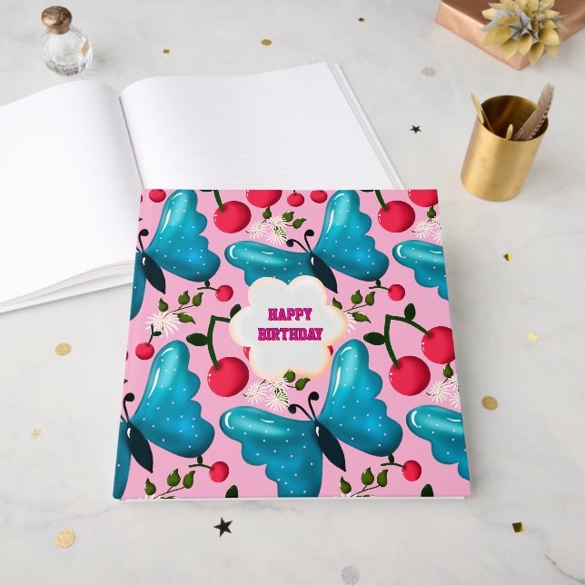 Custom and personalised cherry butterfly gift   guest book (Front Open)