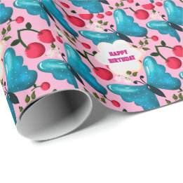 Custom and personalised cherry butterfly gift   wrapping paper