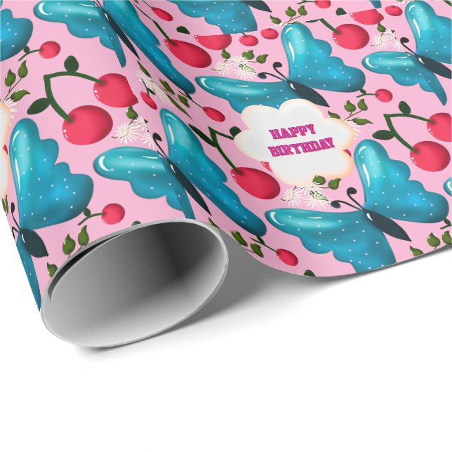 Custom and personalised cherry butterfly gift   wrapping paper (Roll Corner)