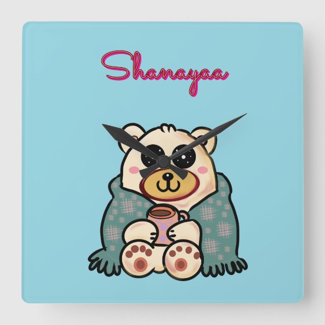 Custom and personalised cute polar bear  square wall clock (Front)