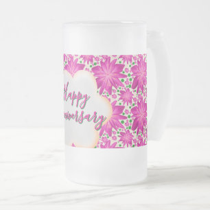 Custom and personalised pink floral  frosted glass beer mug