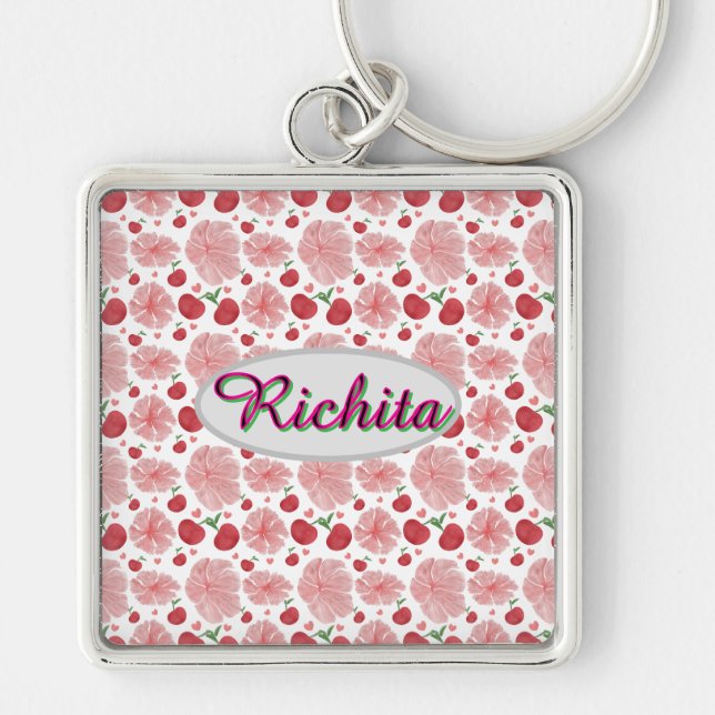Custom and personalised watercolor floral pattern  key ring (Front)