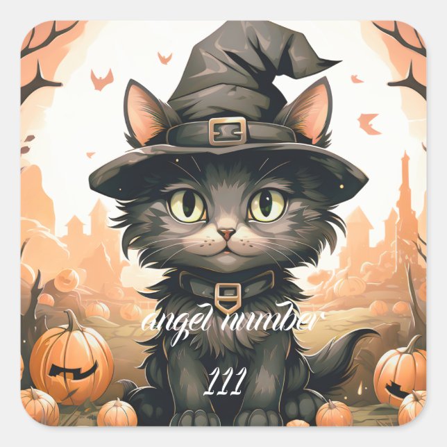 custom angel number Halloween Black cat Square Sticker (Front)