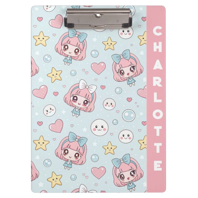 Custom Anime Kawaii with Hearts and Star Clipboard (Front)