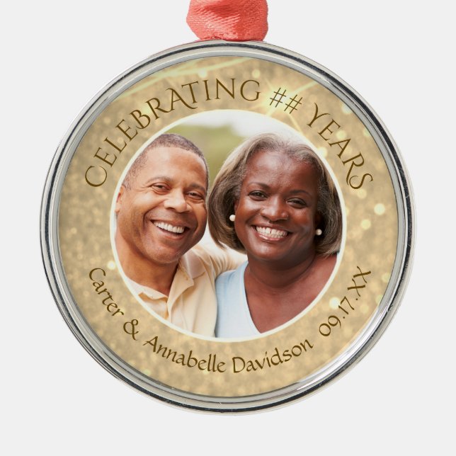 Custom ANY Anniversary | Gold Sparkle Photo Metal Tree Decoration (Front)