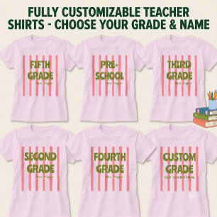 Custom Any Grade School Stripes Teacher Name Pink T-Shirt