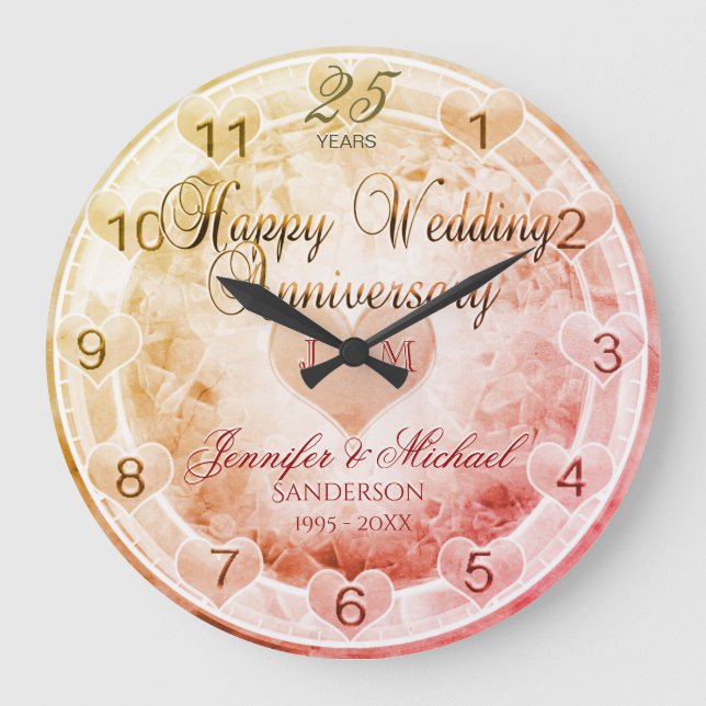 Custom Any Year Wedding Anniversary Hearts Large Clock (Front)