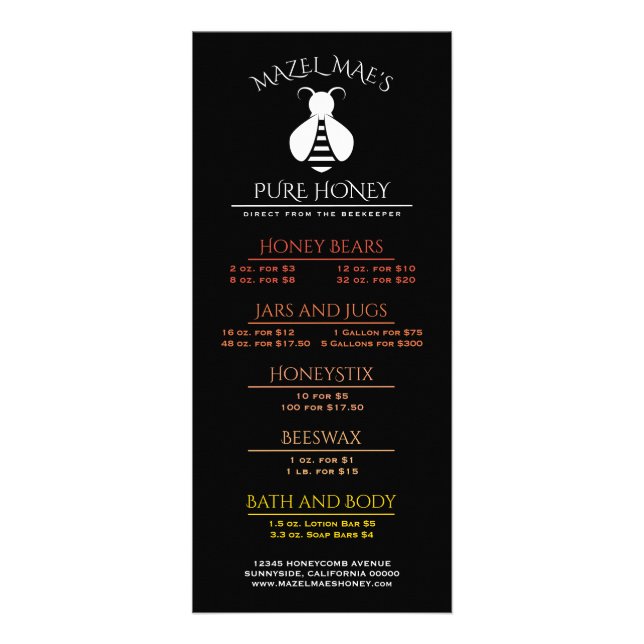 Custom Apiary Honey Bee Menu (Front)