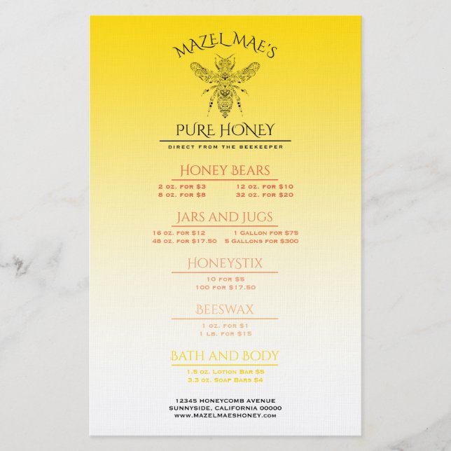 Custom Apiary Honey Menu (Front)