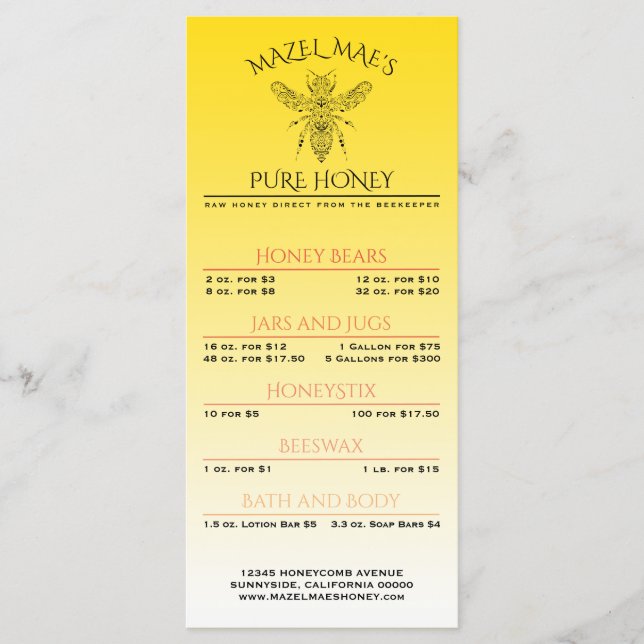 Custom Apiary Honey Menu (Front)