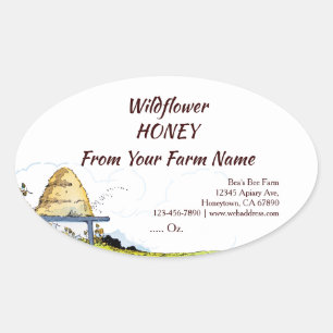 Custom Apiary Vintage Beehive and Clouds Honey Oval Sticker