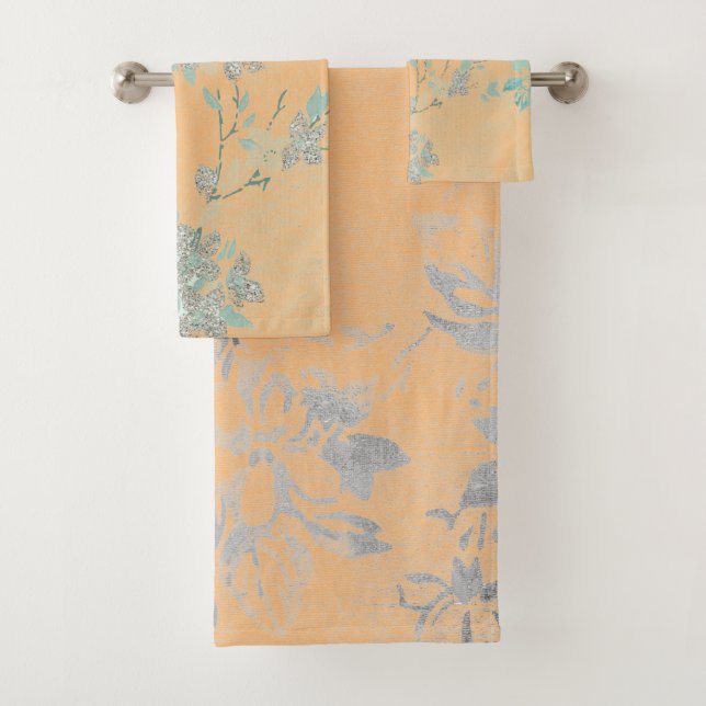 CUSTOM APRICOT SILVER FLORAL BATHROOM TOWEL SET (Insitu)