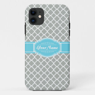 Custom Aqua and Silver Grey Moroccan Quatrefoil iPhone 11 Case