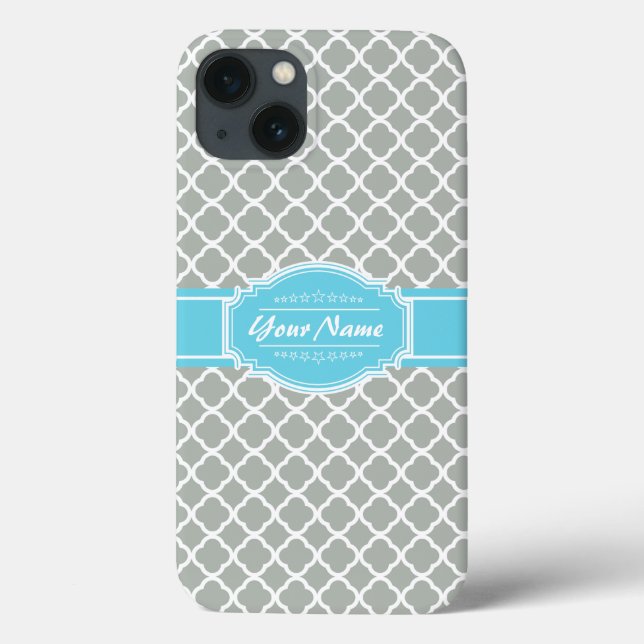 Custom Aqua and Silver Grey Moroccan Quatrefoil Case-Mate iPhone Case (Back)